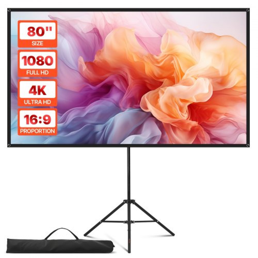 VEVOR Tripod Projector Screen with Stand 80 Inch 160° Wide Angle 4K HD 16:9