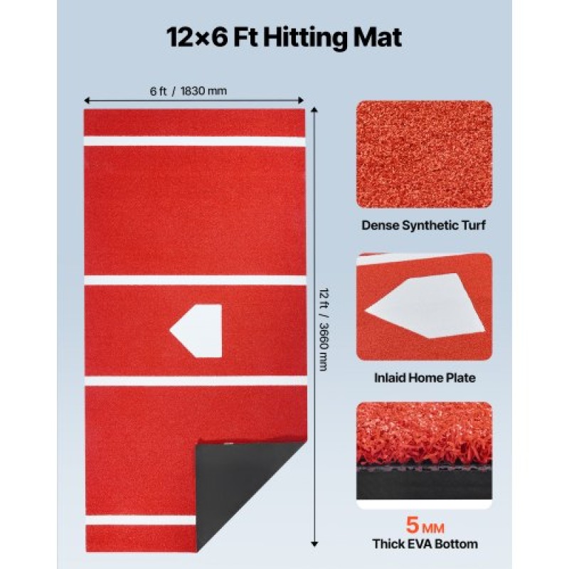 VEVOR Baseball Hitting Mat, 366x183cm Batting Cage Mat, Batters Box Turf Mats, Softball Batting Practice Equipment with Home Plate and Anti Fade Turf, Φορητό βοήθημα προπόνησης για εσωτερικούς εξωτερικούς χώρους, κόκκινο