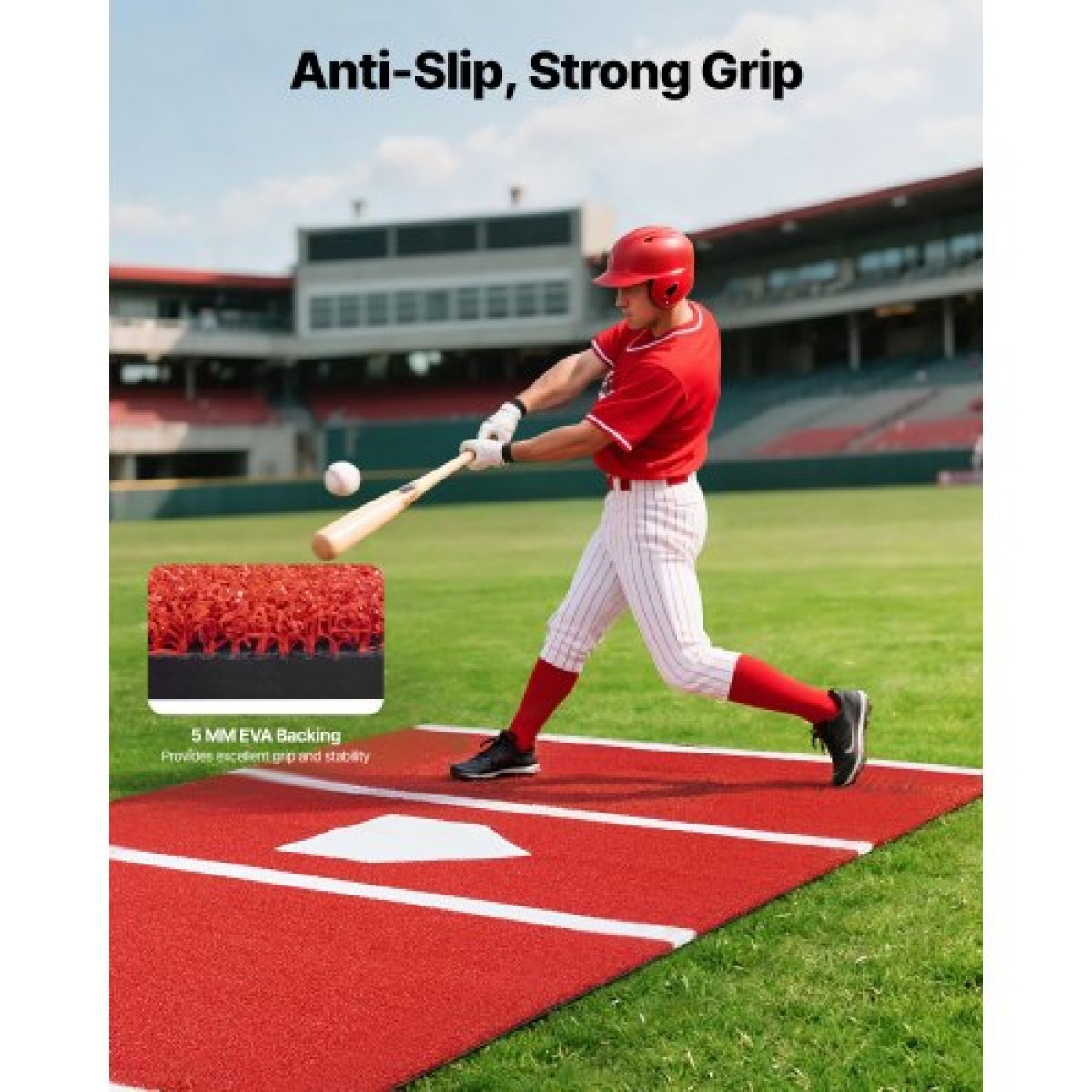 VEVOR Baseball Hitting Mat, 366x183cm Batting Cage Mat, Batters Box Turf Mats, Softball Batting Practice Equipment with Home Plate and Anti Fade Turf, Φορητό βοήθημα προπόνησης για εσωτερικούς εξωτερικούς χώρους, κόκκινο