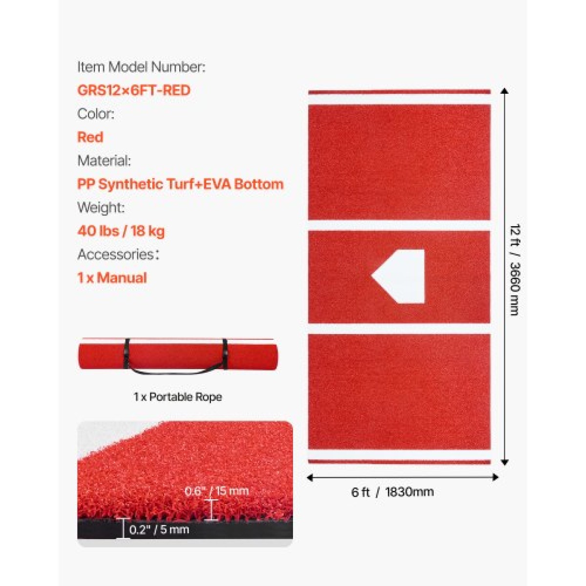 VEVOR Baseball Hitting Mat, 366x183cm Batting Cage Mat, Batters Box Turf Mats, Softball Batting Practice Equipment with Home Plate and Anti Fade Turf, Φορητό βοήθημα προπόνησης για εσωτερικούς εξωτερικούς χώρους, κόκκινο