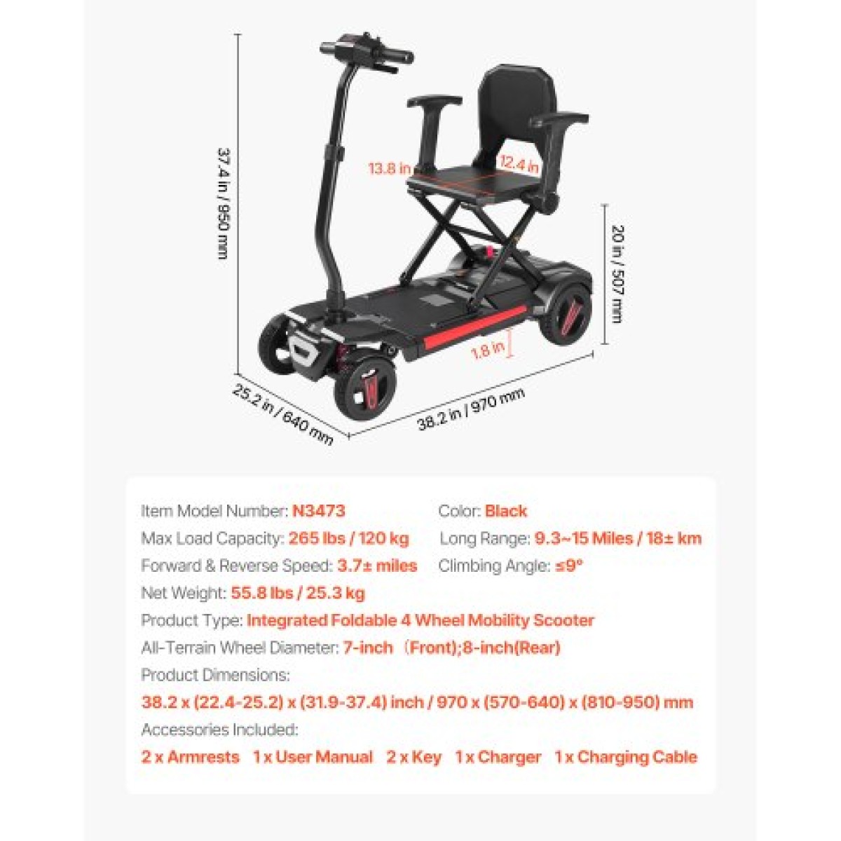 VEVOR 4-Wheel Electric Mobility Scooter για ενήλικες και ηλικιωμένους, ενσωματωμένο αναδιπλούμενο σκούτερ κινητικότητας με μεγάλη εμβέλεια 15KM, Αναπηρικό αμαξίδιο παντός εδάφους με ικανότητα αναρρίχησης 9° & μέγιστη φόρτωση 120kg