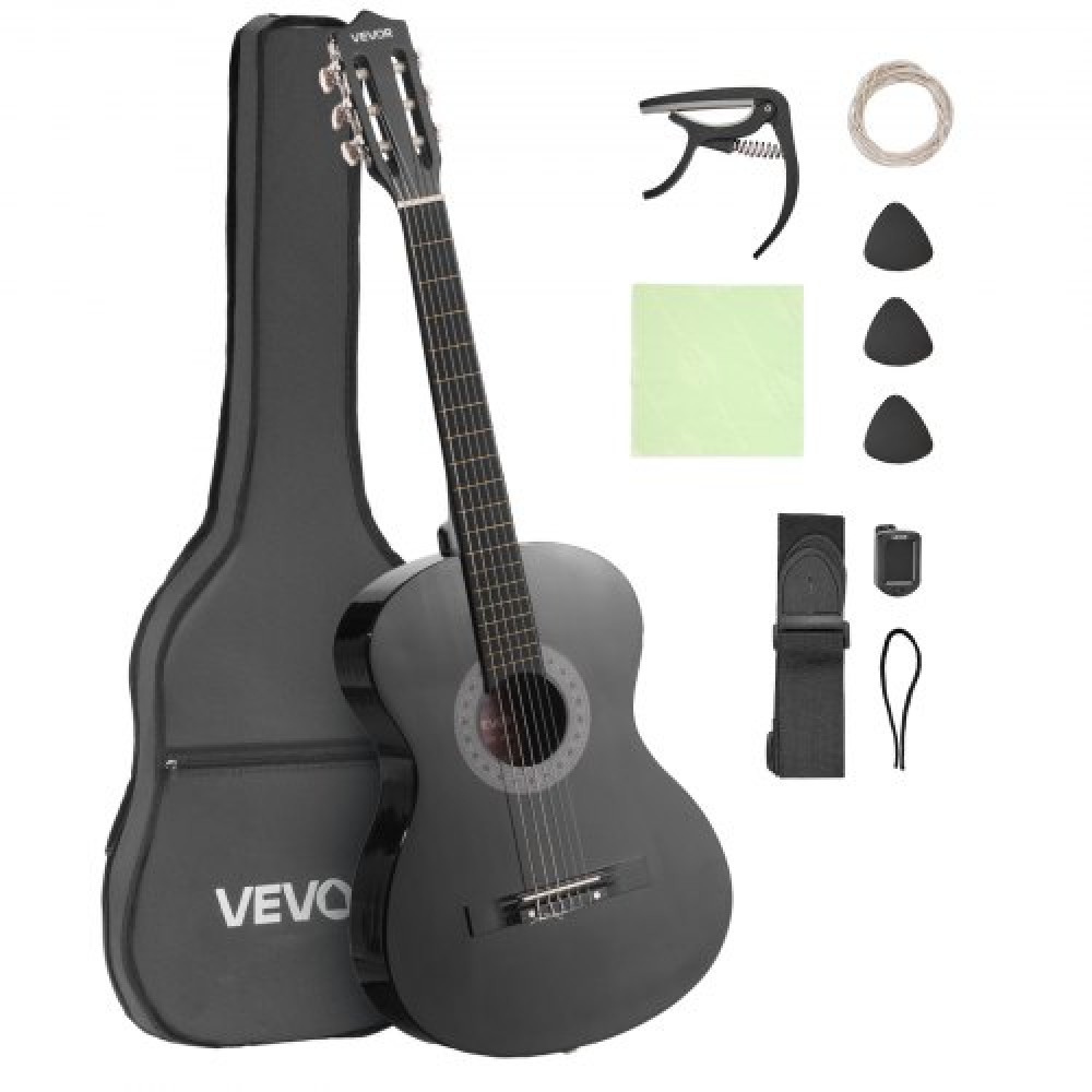 VEVOR Κλασική Κιθάρα, 960 mm, Κιτ Ξύλινης Κλασικής Κιθάρας για αρχάριους, με νάιλον χορδές, Gig Bag, Strap, Tuner, Extra strings, Picks, Capo, Basswood, για Εφήβους Ενήλικες Μαθητές, Μαύρο