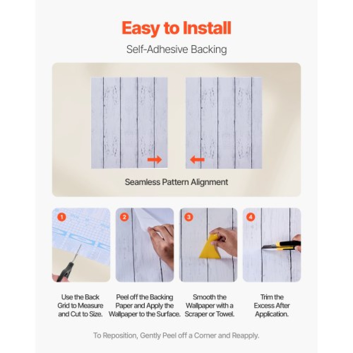 Ταπετσαρία VEVOR Peel and Stick, 45cm x 15m Χαρτί επαφής Λευκό ξύλο με υφή Waterpoof Αυτοκόλλητο, Εύκολο στο καθάρισμα & ξεφλούδισμα τοίχου Διακοσμητικό ρολό βινυλίου για υπνοδωμάτιο κουζίνα γραφείο γραφείο μπάνιου