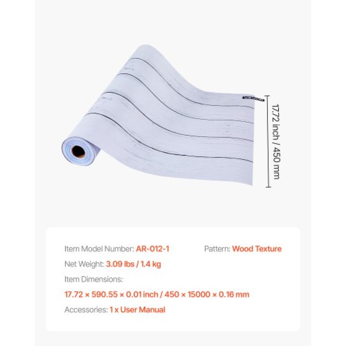 Ταπετσαρία VEVOR Peel and Stick, 45cm x 15m Χαρτί επαφής Λευκό ξύλο με υφή Waterpoof Αυτοκόλλητο, Εύκολο στο καθάρισμα & ξεφλούδισμα τοίχου Διακοσμητικό ρολό βινυλίου για υπνοδωμάτιο κουζίνα γραφείο γραφείο μπάνιου