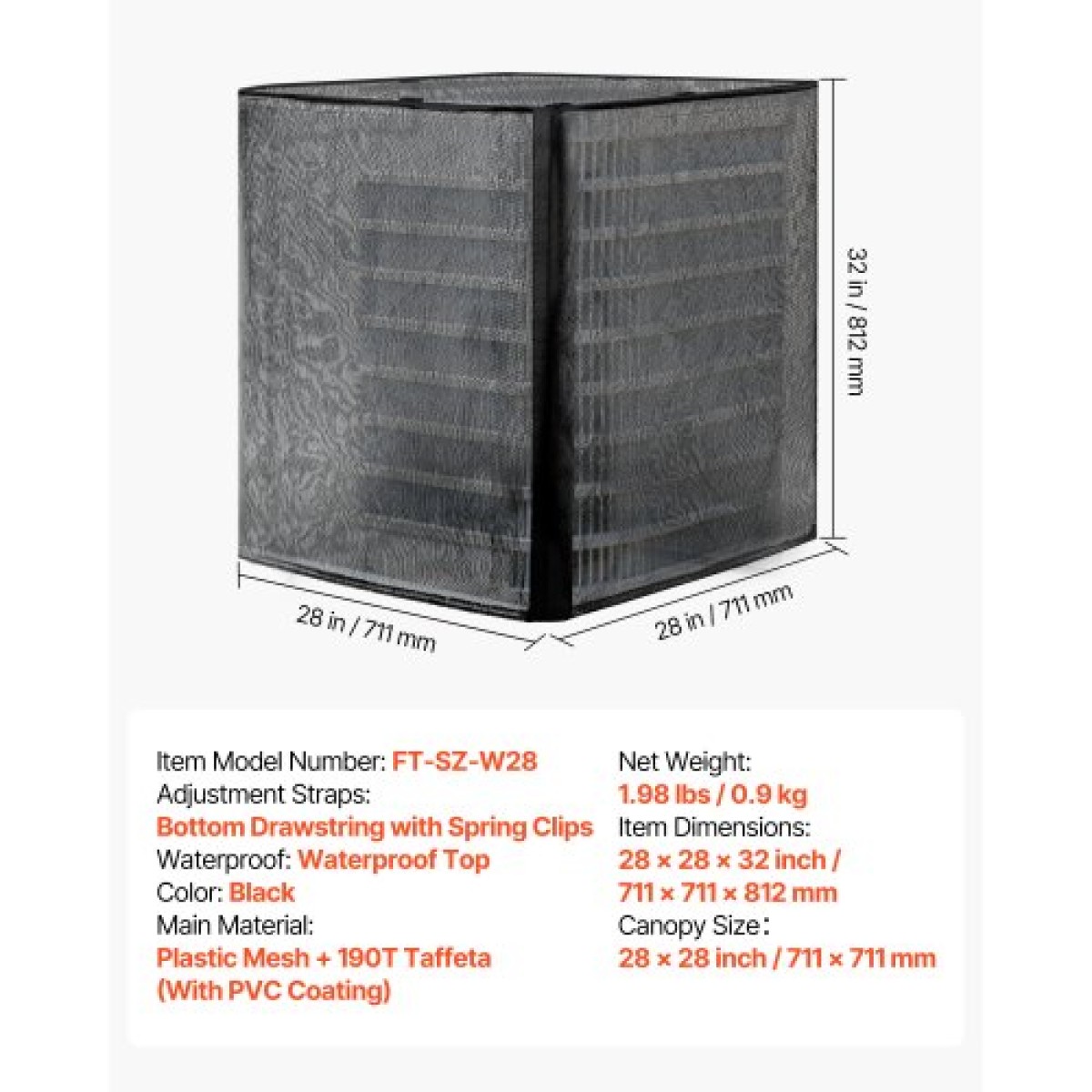 Κάλυμμα κλιματιστικού VEVOR, 711 x 711 x 812 mm Κάλυμμα εναλλασσόμενου ρεύματος για μονάδα κλιματισμού, διπλής στρώσης, αποσπώμενος θόλος, αδιάβροχο πολυεστέρας, Universal HVAC Protector για εξωτερική εξωτερική μονάδα AC, Μαύρο