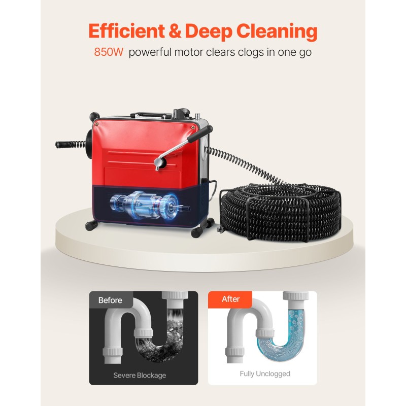 VEVOR Drain Cleaner Machine, 850W Electric Pipe Drain Cleaning Machine Sewer Snake with 14,5m x 16mm, 14m x 22mm, 5m x 9,5mm, 0,4m x 12mm Steel Spring Cable & 11 Cutters, Fit 20mm Dimeters