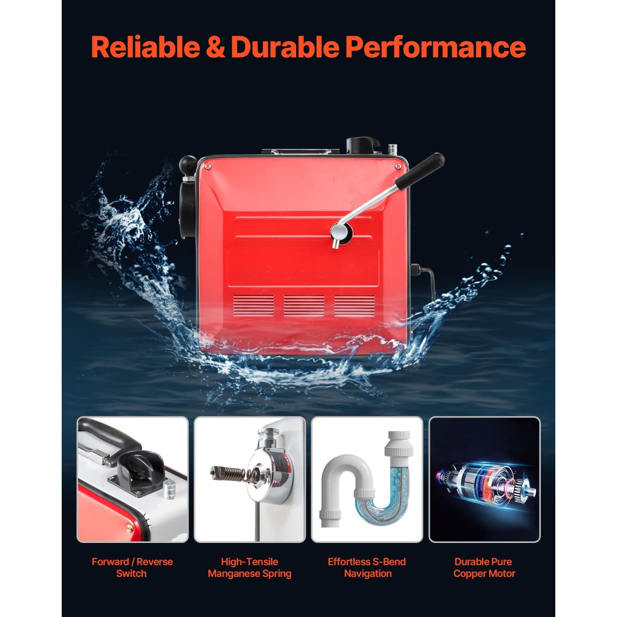 VEVOR Drain Cleaner Machine, 850W Electric Pipe Drain Cleaning Machine Sewer Snake with 14,5m x 16mm, 14m x 22mm, 5m x 9,5mm, 0,4m x 12mm Steel Spring Cable & 11 Cutters, Fit 20mm Dimeters
