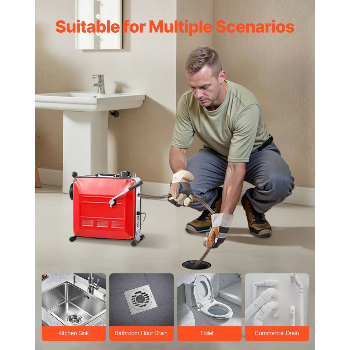 VEVOR Drain Cleaner Machine, 850W Electric Pipe Drain Cleaning Machine Sewer Snake with 14,5m x 16mm, 14m x 22mm, 5m x 9,5mm, 0,4m x 12mm Steel Spring Cable & 11 Cutters, Fit 20mm Dimeters