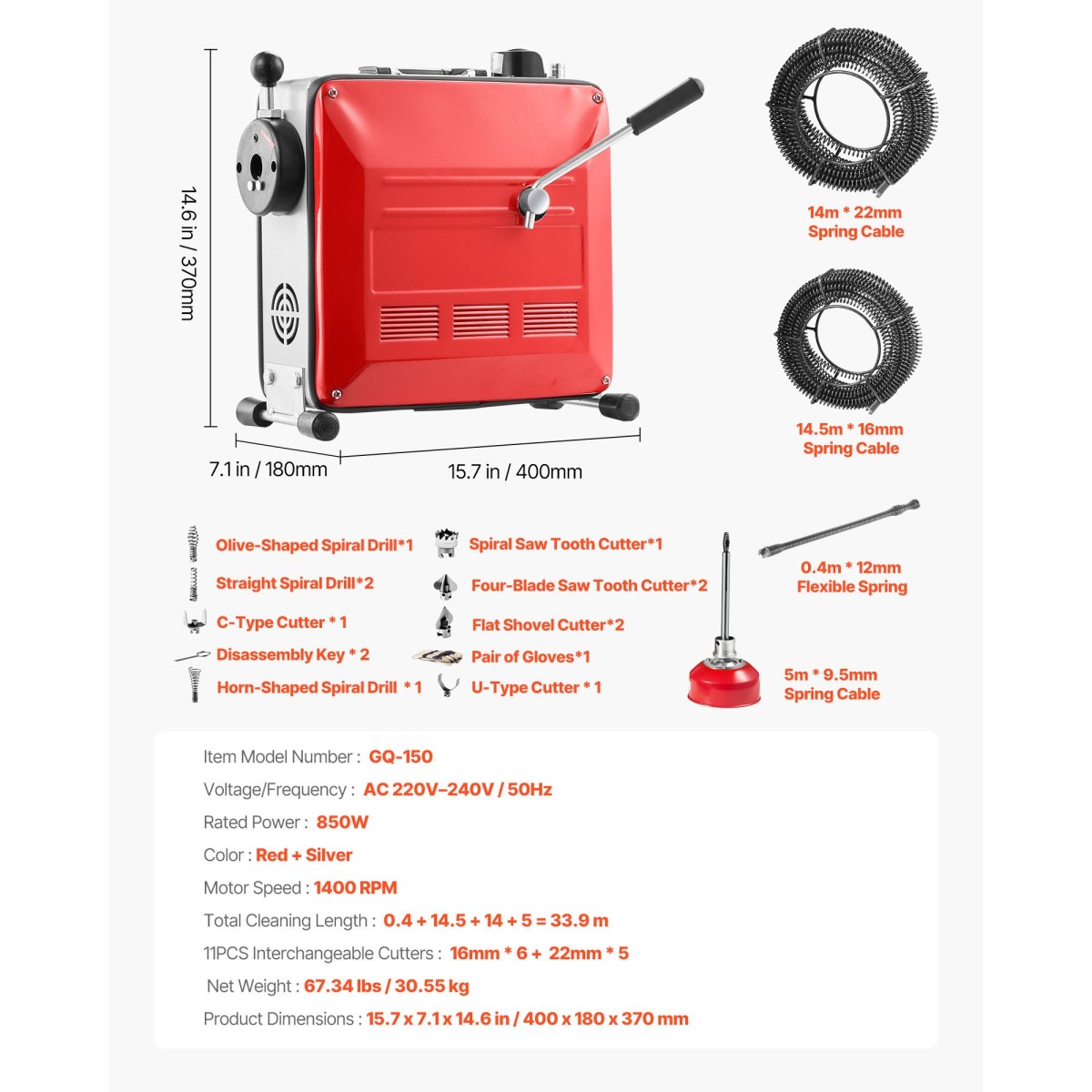 VEVOR Drain Cleaner Machine, 850W Electric Pipe Drain Cleaning Machine Sewer Snake with 14,5m x 16mm, 14m x 22mm, 5m x 9,5mm, 0,4m x 12mm Steel Spring Cable & 11 Cutters, Fit 20mm Dimeters