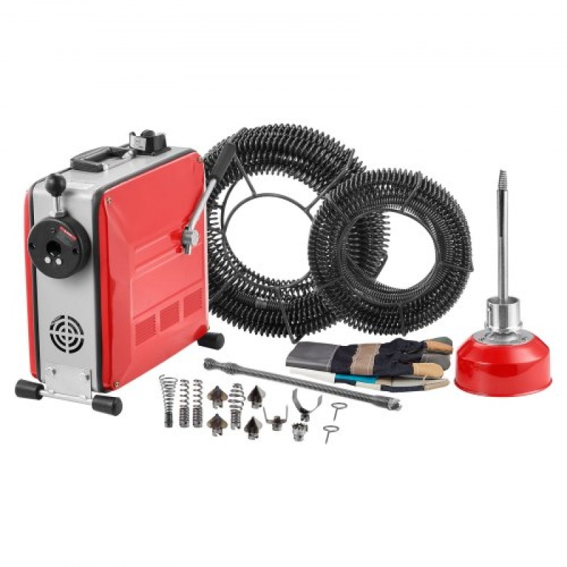 VEVOR Drain Cleaner Machine, 850W Electric Pipe Drain Cleaning Machine Sewer Snake with 14,5m x 16mm, 14m x 22mm, 5m x 9,5mm, 0,4m x 12mm Steel Spring Cable & 11 Cutters, Fit 20mm Dimeters