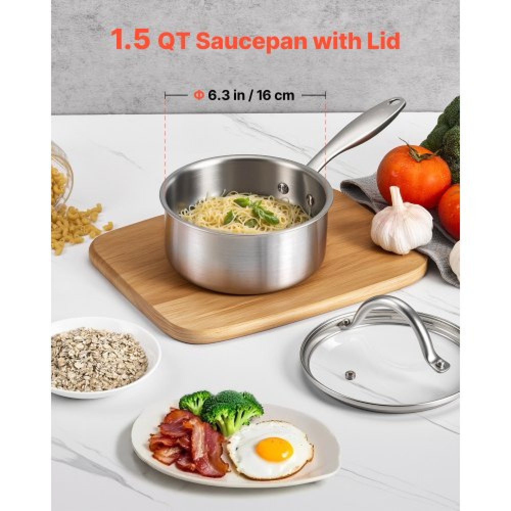 VEVOR 1.5 QT Saucepan, Stainless Steel Saucepan with Glass Lid, Multipurpose Nonstick Stainless Steel Small Cooking Sauce Pot with Ergonomic Handle, Friendly for Oven, Dishwasher, Induction Cooker