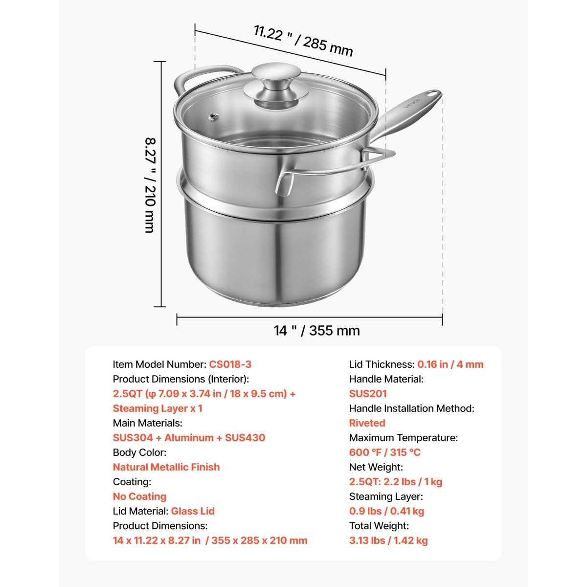 Κατσαρόλα VEVOR 2.5 QT με ατμομάγειρα, Ανοξείδωτη κατσαρόλα με γυάλινο καπάκι, αντικολλητική κατσαρόλα πολλαπλών χρήσεων από ανοξείδωτο χάλυβα με εργονομική λαβή, φιλική για φούρνο, πλυντήριο πιάτων, επαγωγική κουζίνα