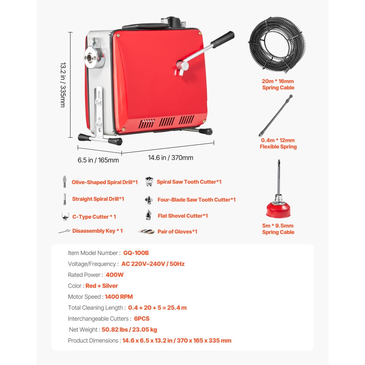 Μηχάνημα καθαρισμού αποχέτευσης VEVOR, 400W 1400RPM Μηχάνημα καθαρισμού αποχέτευσης ηλεκτρικών σωλήνων Sewer Snake with 20m x 16mm, 5m x 9.5mm & 0.4m x 12mm Steel Spring Cable and 6 Cutters, Fit 50-110 Pipes Diemeter