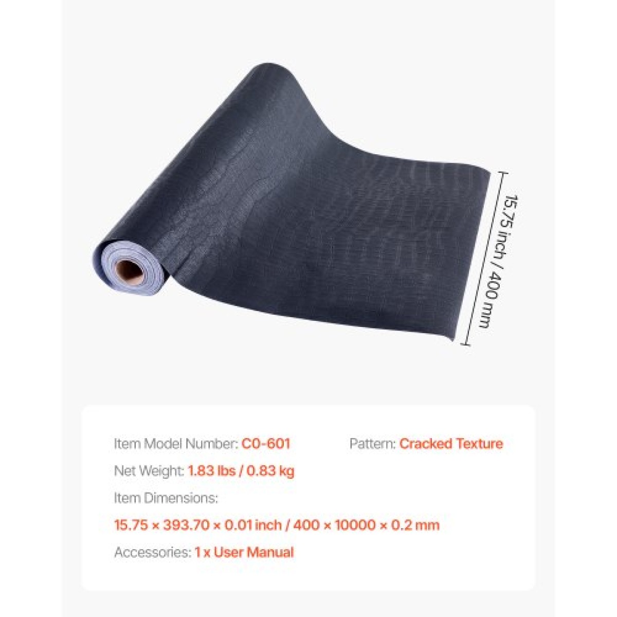 Ταπετσαρία VEVOR Peel and Stick, 40cm x 10m Χαρτί επαφής Μαύρο ραγισμένη υφή Waterpoof Αυτοκόλλητο, Εύκολο στο καθάρισμα & ξεφλούδισμα τοίχου Διακοσμητικό ρολό βινυλίου για κρεβατοκάμαρα κουζίνα γραφείο μπάνιο