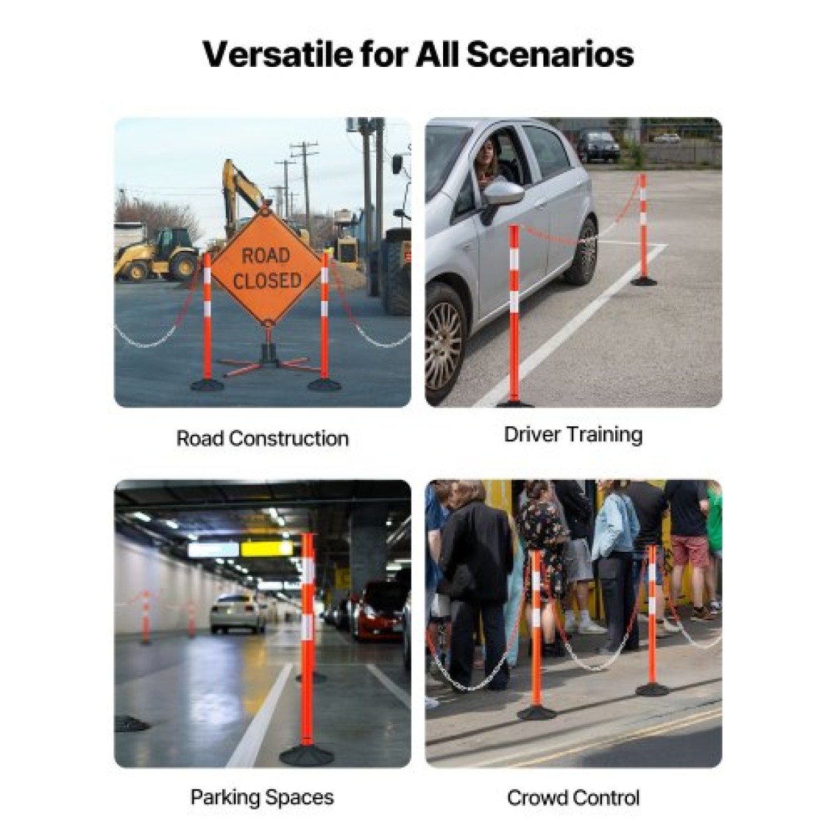 VEVOR 2 Pack Traffic Delineator Posts, Κώνοι ασφαλείας 871 mm με ζυγισμένη βάση, αντανακλαστικές λωρίδες και αλυσίδα, στύλοι οριοθέτησης βαρέως τύπου για εργοτάξιο, χώρος στάθμευσης, έλεγχος πλήθους, κόκκινο