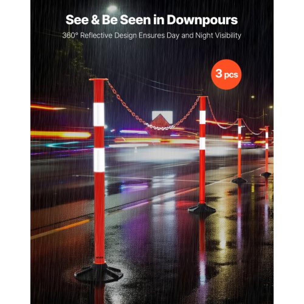 VEVOR 3 Pack Traffic Delineator Posts, Κώνοι ασφαλείας 871 mm με ζυγισμένη βάση, αντανακλαστικές λωρίδες και αλυσίδα, στύλοι οριοθέτησης βαρέως τύπου για εργοτάξιο, χώρος στάθμευσης, έλεγχος πλήθους, κόκκινο