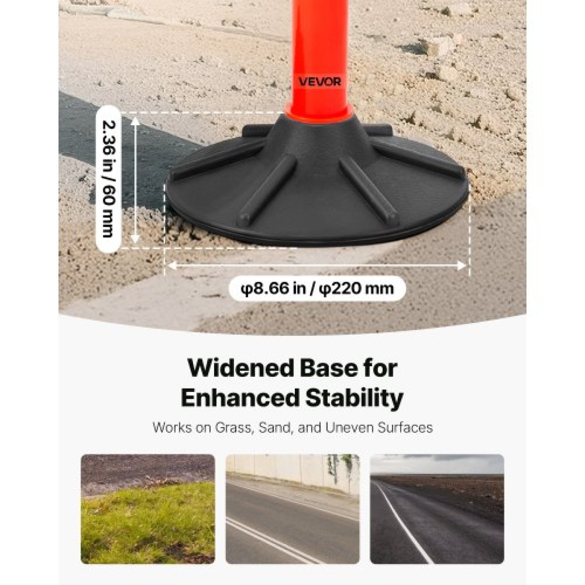 VEVOR 3 Pack Traffic Delineator Posts, Κώνοι ασφαλείας 871 mm με ζυγισμένη βάση, αντανακλαστικές λωρίδες και αλυσίδα, στύλοι οριοθέτησης βαρέως τύπου για εργοτάξιο, χώρος στάθμευσης, έλεγχος πλήθους, κόκκινο