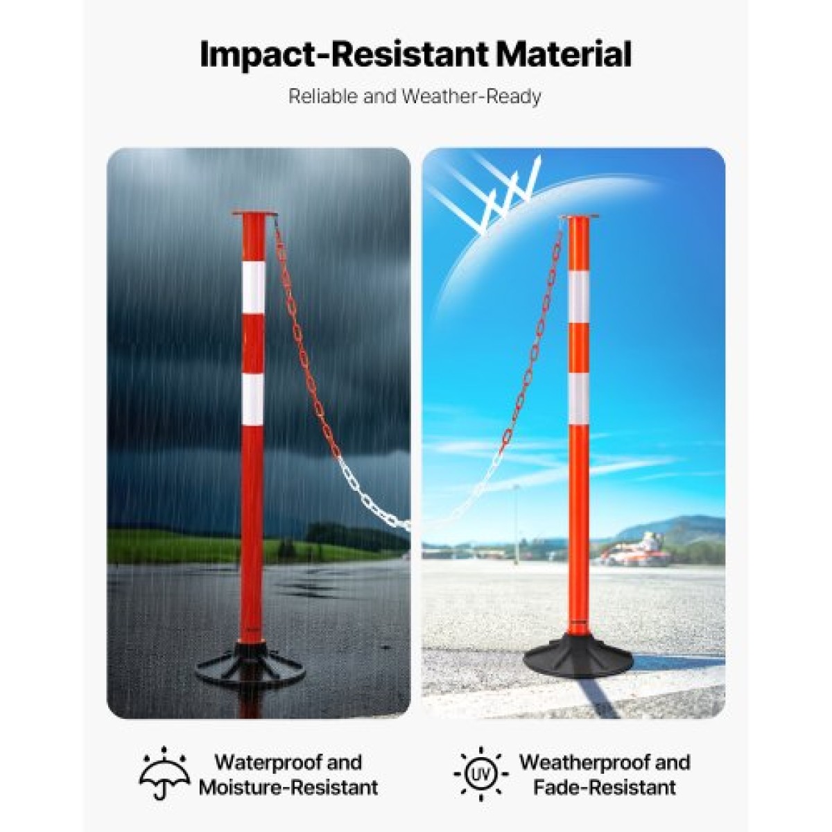 VEVOR 3 Pack Traffic Delineator Posts, Κώνοι ασφαλείας 871 mm με ζυγισμένη βάση, αντανακλαστικές λωρίδες και αλυσίδα, στύλοι οριοθέτησης βαρέως τύπου για εργοτάξιο, χώρος στάθμευσης, έλεγχος πλήθους, κόκκινο