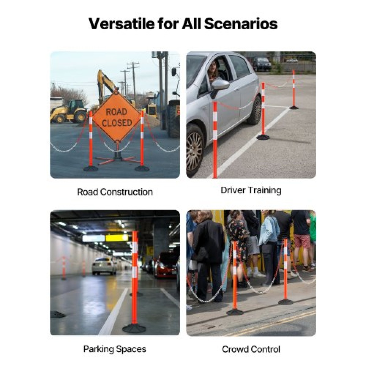 VEVOR 3 Pack Traffic Delineator Posts, Κώνοι ασφαλείας 871 mm με ζυγισμένη βάση, αντανακλαστικές λωρίδες και αλυσίδα, στύλοι οριοθέτησης βαρέως τύπου για εργοτάξιο, χώρος στάθμευσης, έλεγχος πλήθους, κόκκινο