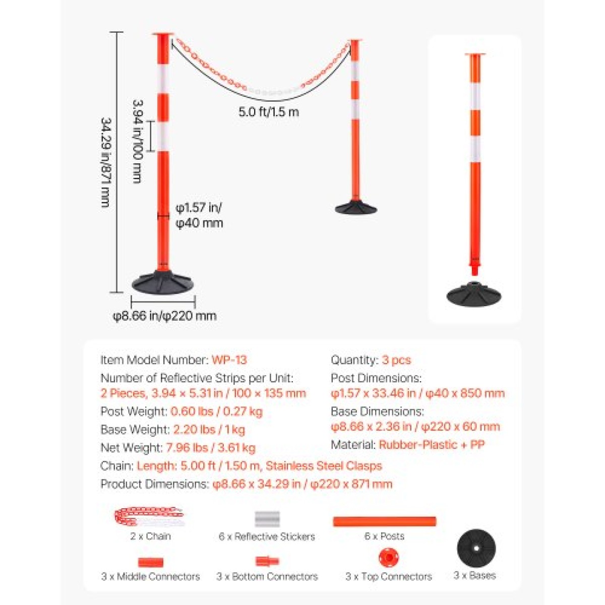 VEVOR 3 Pack Traffic Delineator Posts, Κώνοι ασφαλείας 871 mm με ζυγισμένη βάση, αντανακλαστικές λωρίδες και αλυσίδα, στύλοι οριοθέτησης βαρέως τύπου για εργοτάξιο, χώρος στάθμευσης, έλεγχος πλήθους, κόκκινο