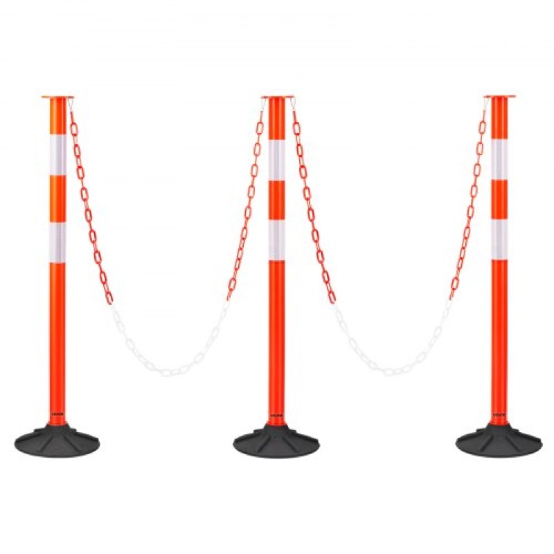 VEVOR 3 Pack Traffic Delineator Posts, Κώνοι ασφαλείας 871 mm με ζυγισμένη βάση, αντανακλαστικές λωρίδες και αλυσίδα, στύλοι οριοθέτησης βαρέως τύπου για εργοτάξιο, χώρος στάθμευσης, έλεγχος πλήθους, κόκκινο
