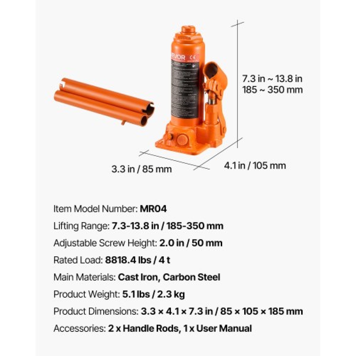 VEVOR Hydraulic Bottle Jack, χωρητικότητα φορτίου 4 τόννων, εύρος ανύψωσης 185-350 mm, βαρέως τύπου υδραυλική συγκολλημένη υποδοχή μπουκαλιών για αυτοκίνητο, SUV, Pickup, Auto Repair, House Lift and Agricultural Equipment, Πορτοκαλί