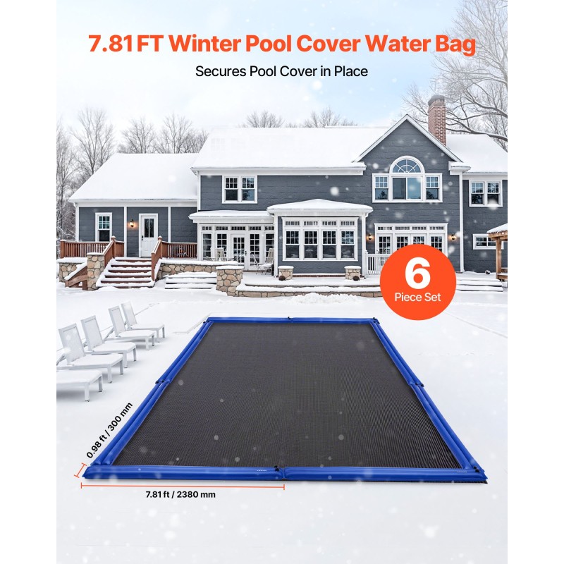 Σακούλες νερού VEVOR Pool Cover, 6 Packs 2380 mm Σωλήνες νερού με κάλυμμα πισίνας διπλού θαλάμου, 0,4mm πάχους τσάντες PVC με βάρη με στεγανό βιδωτό καπάκι, για καλύμματα πισίνας εσωτερικών χώρων χειμερινό κλείσιμο, μπλε