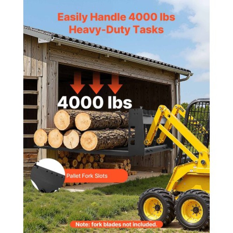 Πλαίσιο παλέτας Skid Steer VEVOR, 1814 kg Ονομαστική χωρητικότητα φορτίου, 115 cm Προσαρτήματα πλαισίου από πιρούνι παλέτας με δέκτη κοτσαδόρου 50,8 mm και μανίκια λόγχης, Κατάλληλο για φορτωτές Τρακτέρ Βάση γρήγορης σύνδεσης, μόνο πλαίσιο