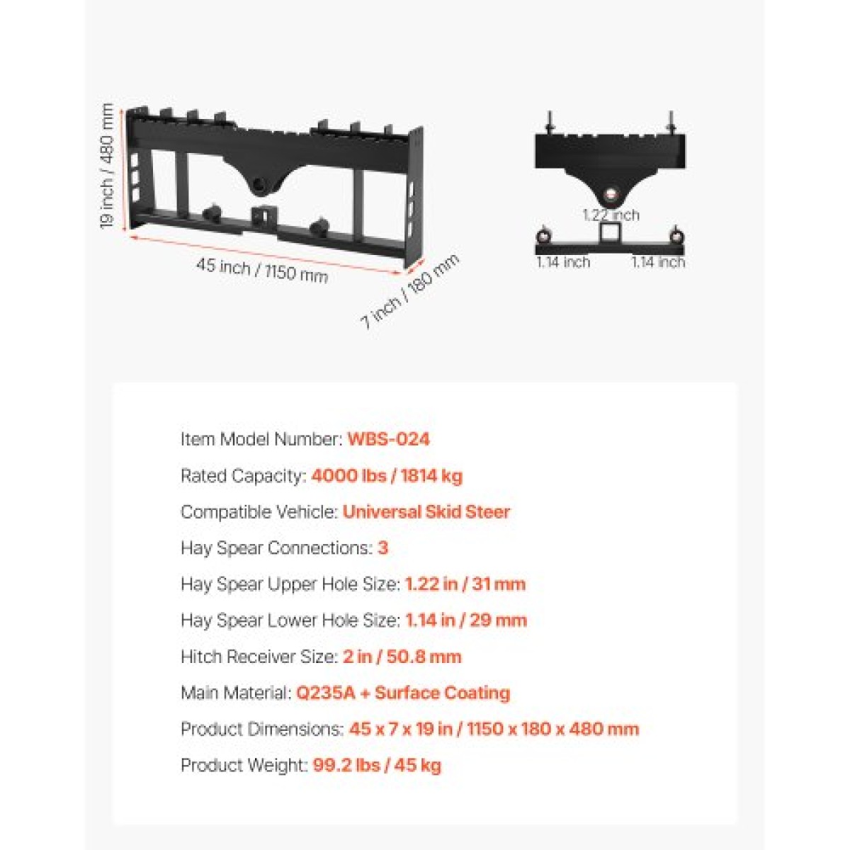 Πλαίσιο παλέτας Skid Steer VEVOR, 1814 kg Ονομαστική χωρητικότητα φορτίου, 115 cm Προσαρτήματα πλαισίου από πιρούνι παλέτας με δέκτη κοτσαδόρου 50,8 mm και μανίκια λόγχης, Κατάλληλο για φορτωτές Τρακτέρ Βάση γρήγορης σύνδεσης, μόνο πλαίσιο