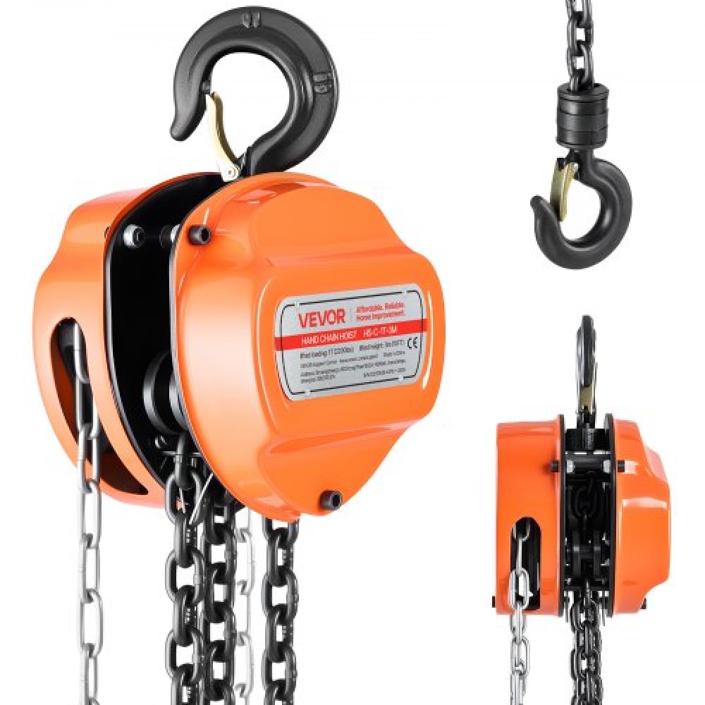 VEVOR Hand Chain Hoist, 1 Ton 2200 lbs Capacity, Manual Chain Block with Upgrade G80 Galvanized Chain, 3 m Lifting Height, Heavy Duty Pulley Hoist for Garage Warehouse Automotive Machinery, Orange