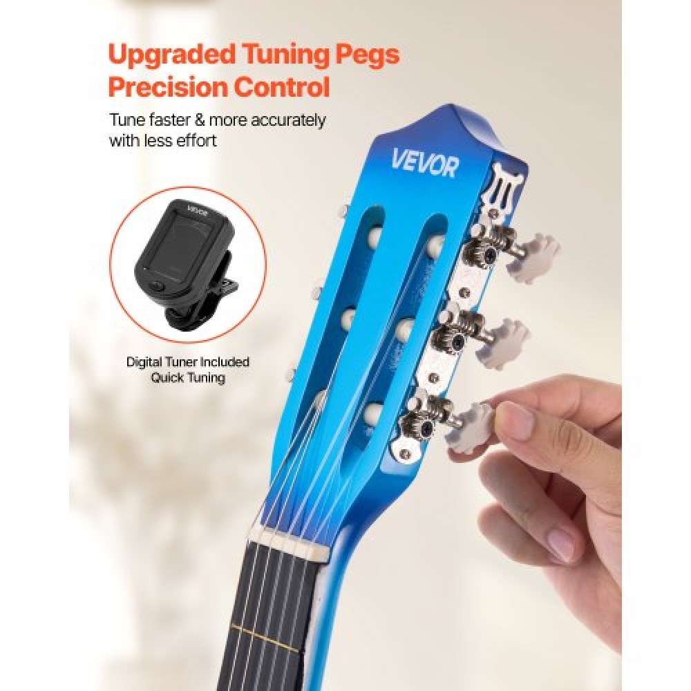 VEVOR Classical Guitar, 960 mm, Wood Classical Guitar Starter Kit for Beginners, with Nylon Strings, Gig Bag, Strap, Tuner, Extra Strings, Picks, Capo, Basswood, for Teenagers Adults Students, Blue