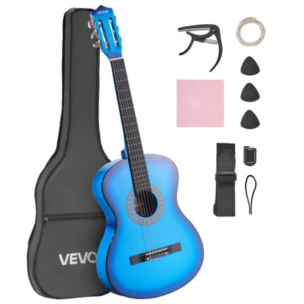 VEVOR Classical Guitar, 960 mm, Wood Classical Guitar Starter Kit for Beginners, with Nylon Strings, Gig Bag, Strap, Tuner, Extra Strings, Picks, Capo, Basswood, for Teenagers Adults Students, Blue