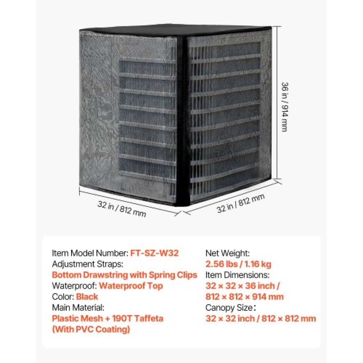 Κάλυμμα κλιματιστικού VEVOR, 812 x 812 x 914 mm Κάλυμμα εναλλασσόμενου ρεύματος για μονάδα κλιματισμού, διπλής στρώσης, αποσπώμενος θόλος, αδιάβροχο πολυεστέρας, Universal HVAC Protector για εξωτερική εξωτερική μονάδα AC, Μαύρο