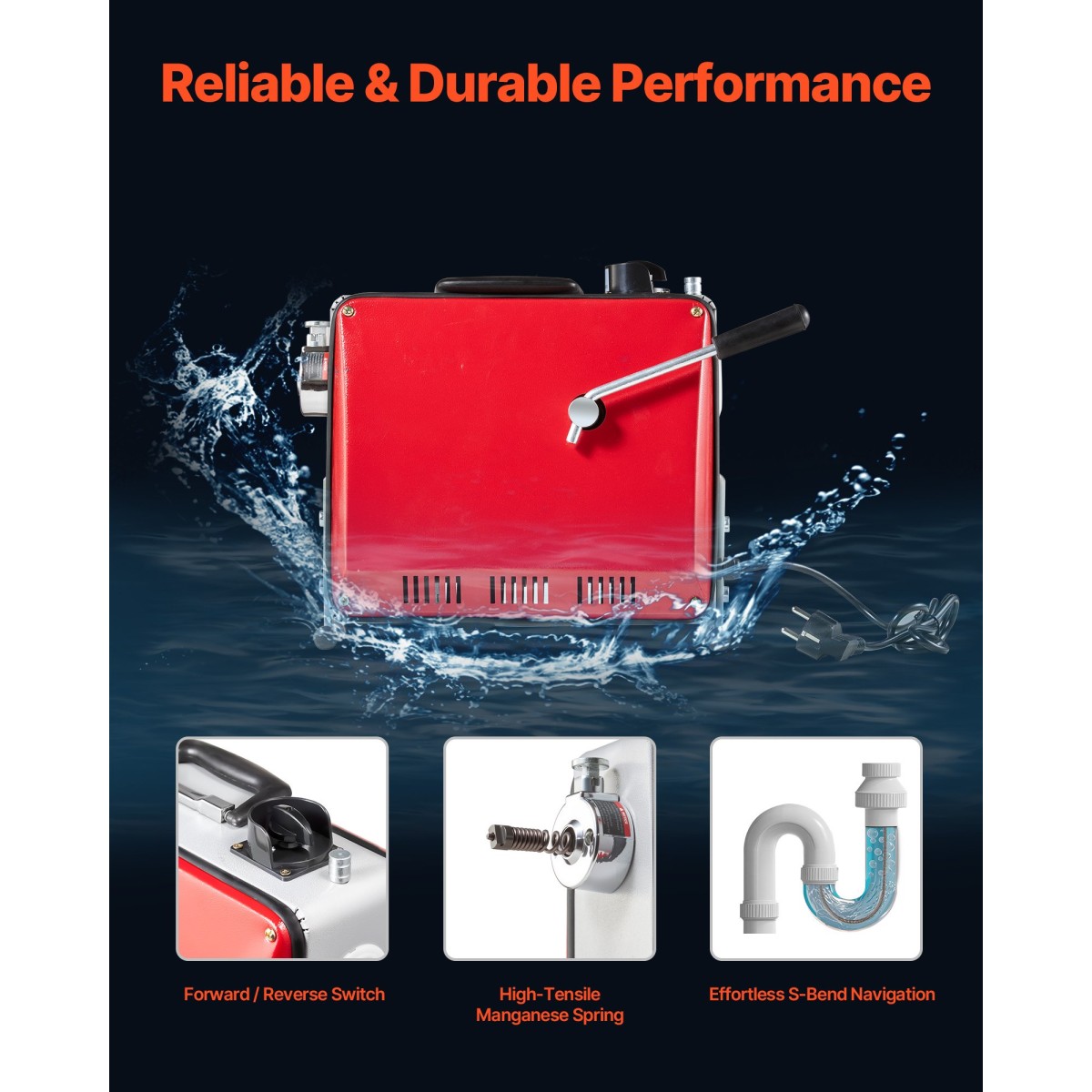 VEVOR Drain Cleaner Machine, 390W 1400RPM Electric Pipe Drain Cleaning Machine Sewer Snake with 12m x 16mm, 4.5m x 16mm & 8m x 9.5mm Steel Spring Cable and 6 Cutters, Fit 50-110 Pipes Dima