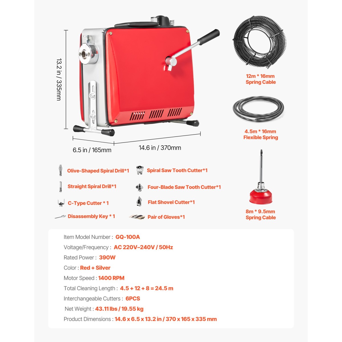 VEVOR Drain Cleaner Machine, 390W 1400RPM Electric Pipe Drain Cleaning Machine Sewer Snake with 12m x 16mm, 4.5m x 16mm & 8m x 9.5mm Steel Spring Cable and 6 Cutters, Fit 50-110 Pipes Dima
