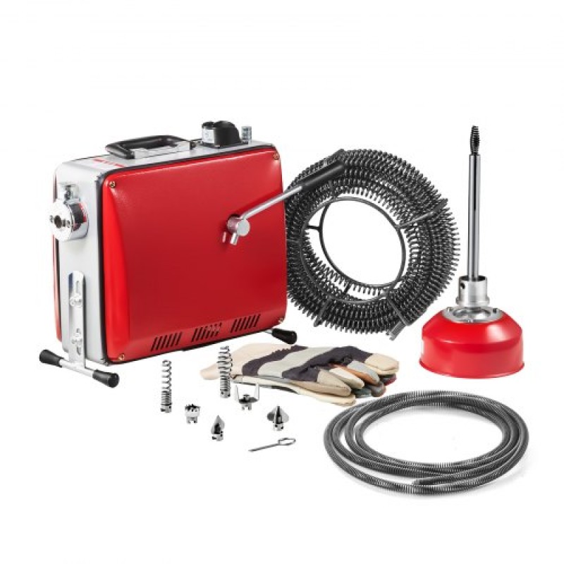 VEVOR Drain Cleaner Machine, 390W 1400RPM Electric Pipe Drain Cleaning Machine Sewer Snake with 12m x 16mm, 4.5m x 16mm & 8m x 9.5mm Steel Spring Cable and 6 Cutters, Fit 50-110 Pipes Dima