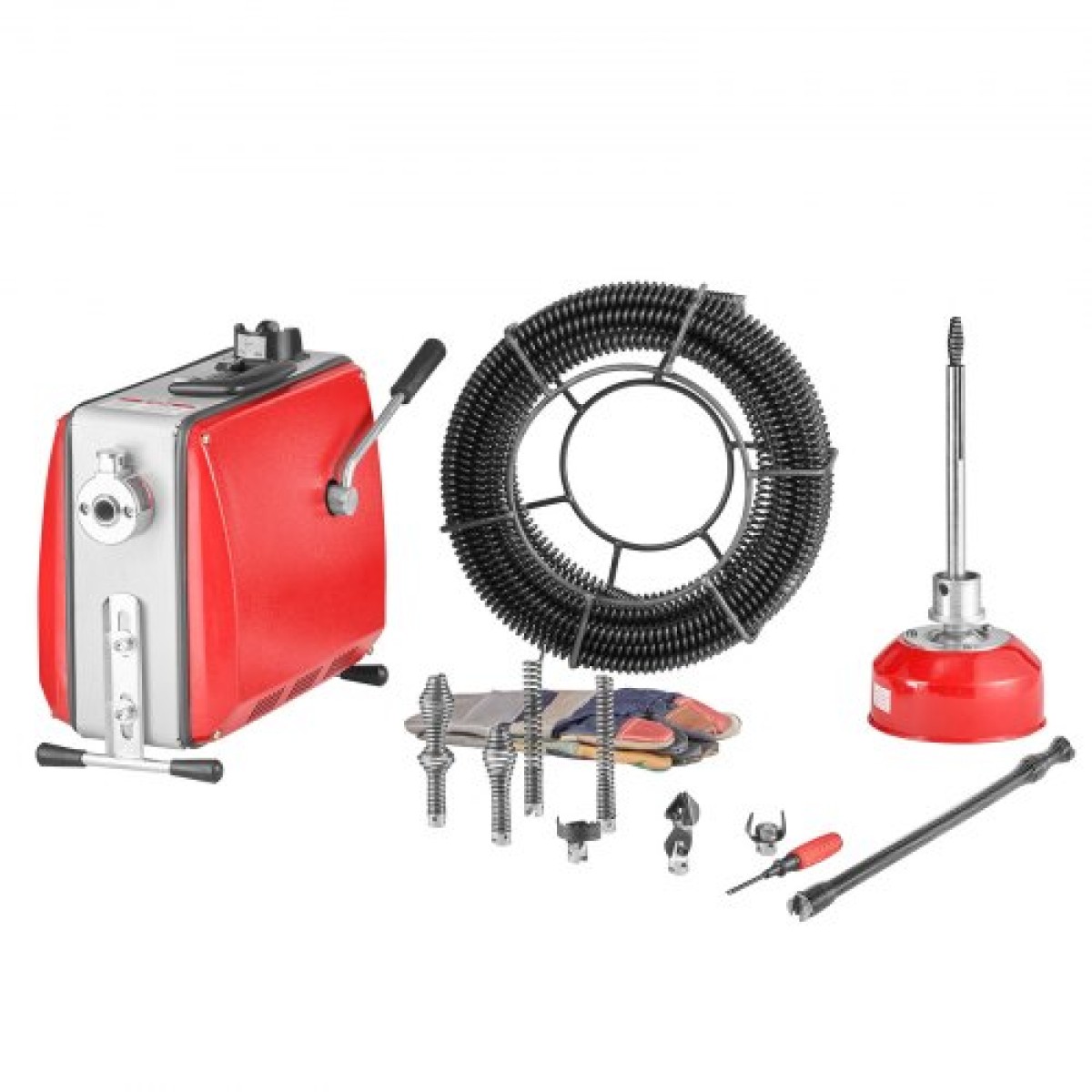 Μηχάνημα καθαρισμού αποχέτευσης VEVOR, 500W 1400RPM Ηλεκτρικό Μηχάνημα Καθαρισμού Αποχέτευσης Αποχετεύσεων Αποχετευτικό Φίδι με 20m x 16mm, 5m x 9,5mm & 0,4m x 16mm Ατσάλινο καλώδιο ελατηρίου και 8 κόφτες, προσαρμογή 50-110 mma Pipes