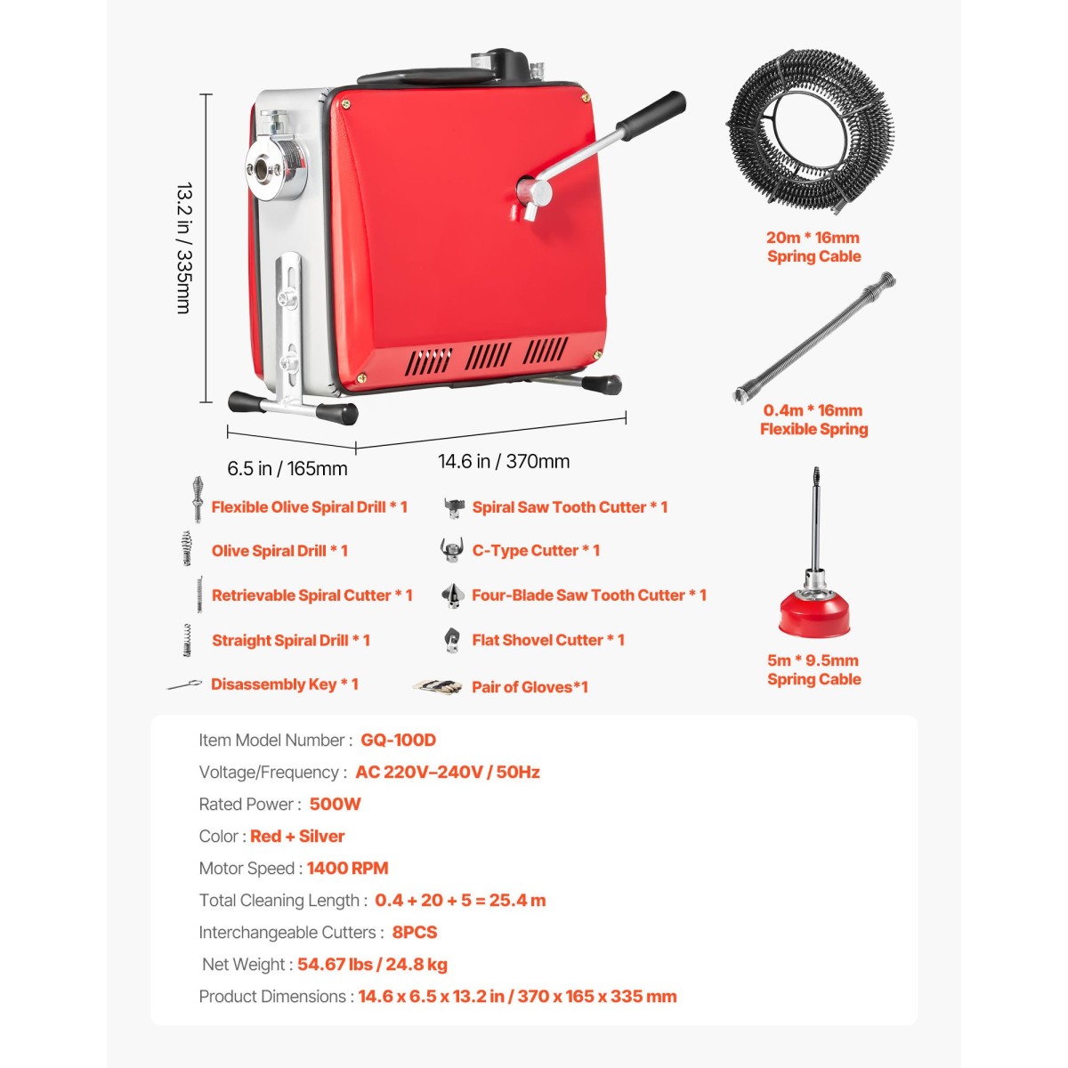 Μηχάνημα καθαρισμού αποχέτευσης VEVOR, 500W 1400RPM Ηλεκτρικό Μηχάνημα Καθαρισμού Αποχέτευσης Αποχετεύσεων Αποχετευτικό Φίδι με 20m x 16mm, 5m x 9,5mm & 0,4m x 16mm Ατσάλινο καλώδιο ελατηρίου και 8 κόφτες, προσαρμογή 50-110 mma Pipes