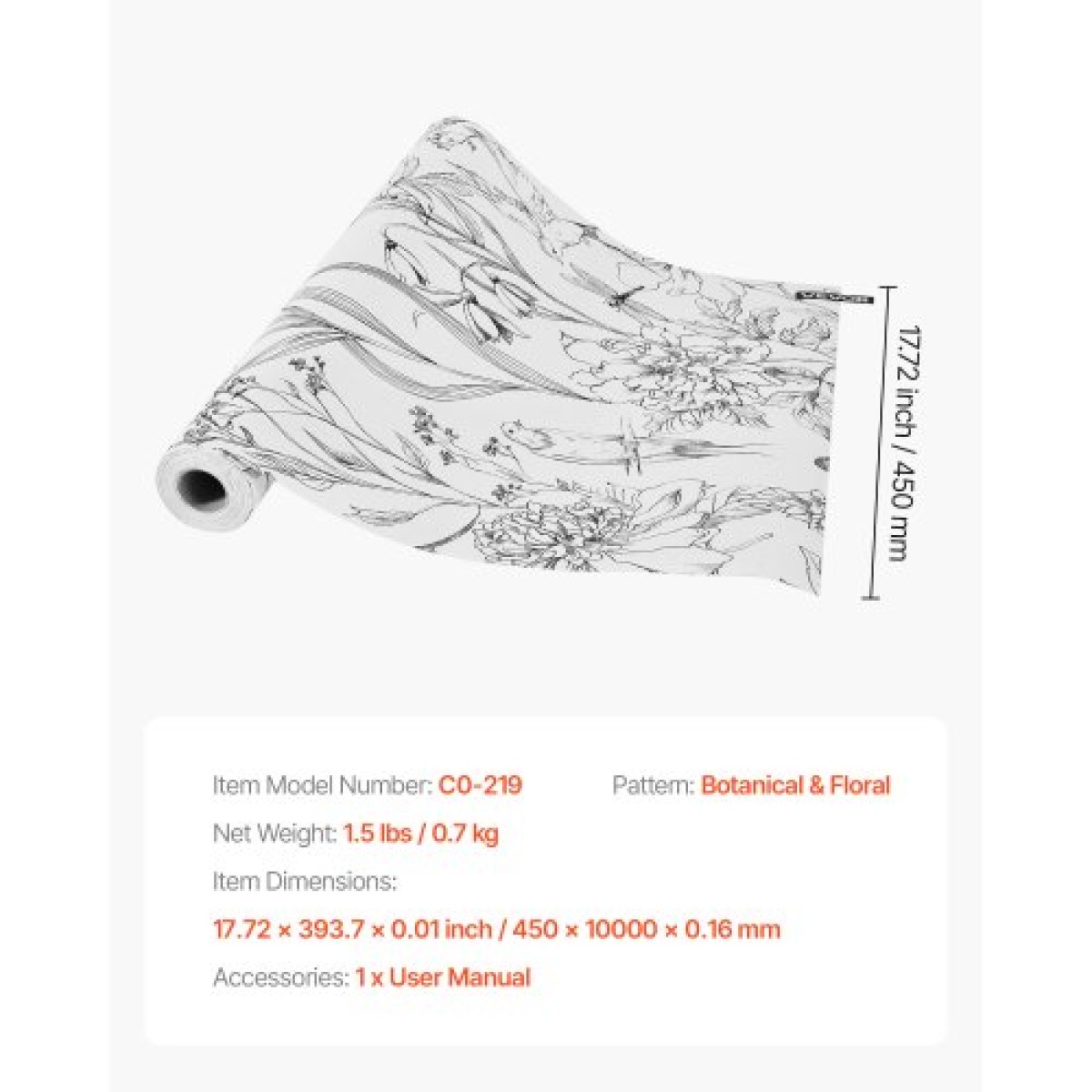 Ταπετσαρία VEVOR Peel and Stick, 45cm x 10m Χαρτί επαφής White Line Art Botanical Floral Waterpoof Αυτοκόλλητο, Εύκολο στο καθάρισμα Διακοσμητικό Ρολό Βινυλίου Τοίχου για Υπνοδωμάτιο Κουζίνα Γραφείο Μπάνιο