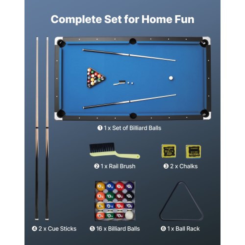 VEVOR Pool Table, 244cm Portable Billiards Tables with Wood Finish, Modern Adjustable Feet Game Table, Full Set Includes Balls, Cues, Rack, Chalk and Brush, Blue Cloth, for Family Use, Recreation Room