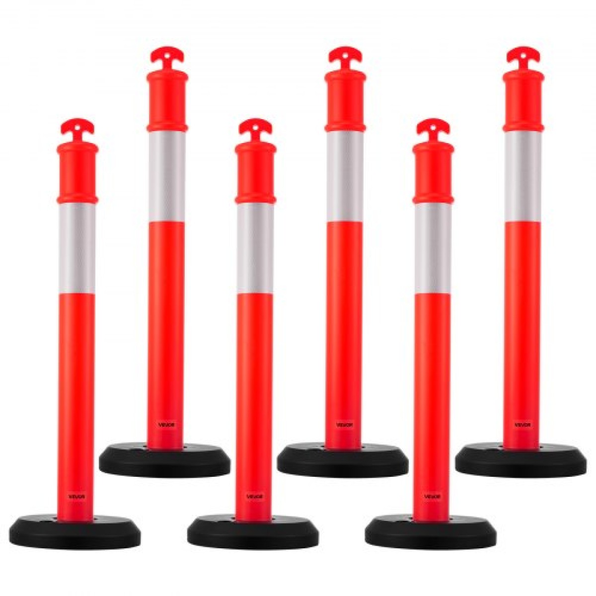 VEVOR 6 Pack Traffic Delineator Posts, 1140 mm Traffic Safety Cones with fillable Base and Refleks strips, Heavy Duty Delineator Posts for Construction, Parking, Crowd Control, Red