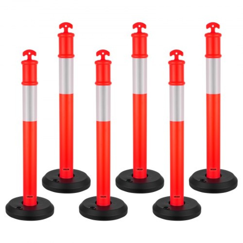 VEVOR 6 Pack Traffic Delineator Posts, 1140 mm Traffic Safety Cones with fillable Base and Refleks strips, Heavy Duty Delineator Posts for Construction, Parking, Crowd Control, Red