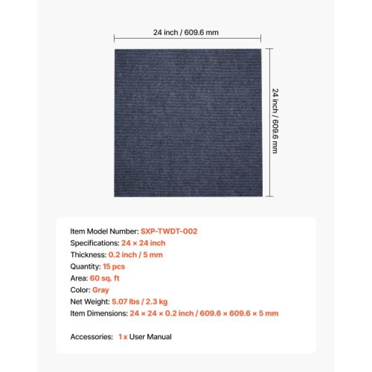 Πλακάκια μοκέτα VEVOR 610x610 mm, τετράγωνο χαλί με φλούδα και ραβδί 15 συσκευασιών, αυτοκόλλητο εμπορικό δάπεδο με μαλακή επένδυση για κάλυμμα χωρίς ραφή 5,6㎡, Εύκολη αντικατάσταση για το γραφείο του σαλονιού, γκρι