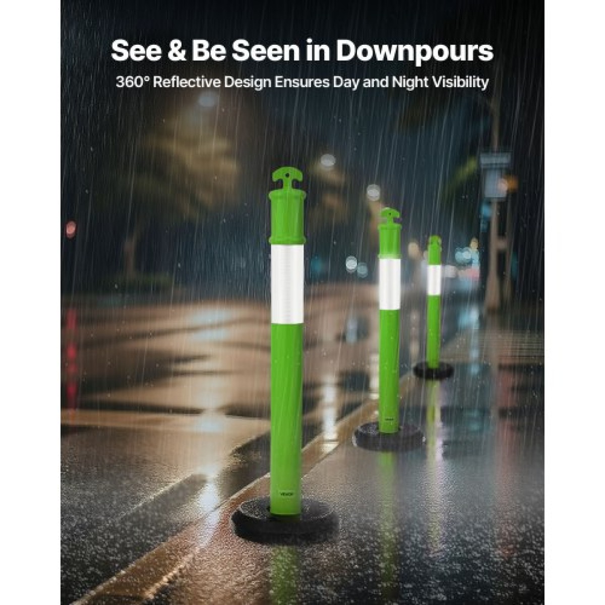 VEVOR 3 Pack Traffic Delineator Posts, 1140 mm Traffic Safety Cones with fillable Base and Refleks strips, Heavy Duty Delineator Posts for Construction, Parking, Crowd Control, Green
