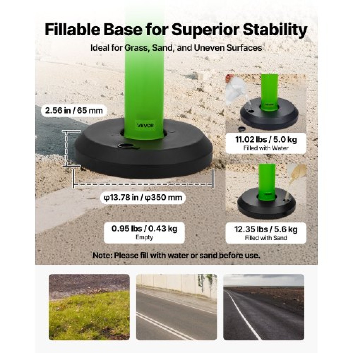 VEVOR 3 Pack Traffic Delineator Posts, 1140 mm Traffic Safety Cones with fillable Base and Refleks strips, Heavy Duty Delineator Posts for Construction, Parking, Crowd Control, Green
