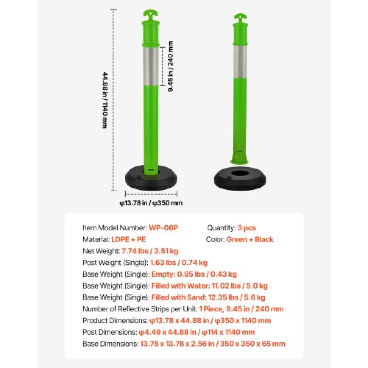 VEVOR 3 Pack Traffic Delineator Posts, 1140 mm Traffic Safety Cones with fillable Base and Refleks strips, Heavy Duty Delineator Posts for Construction, Parking, Crowd Control, Green