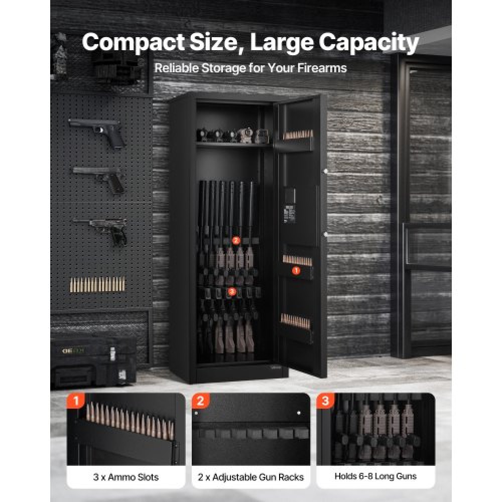 VEVOR 6-8 Gun Safe, Long Gun Cabinet for Rifles and Pistols, Quick Access Fireproof Rifle Safe with 3 Ammo Slots and 2 Adjustable Racks, Large Digital Cabinet with Key and Password Lock