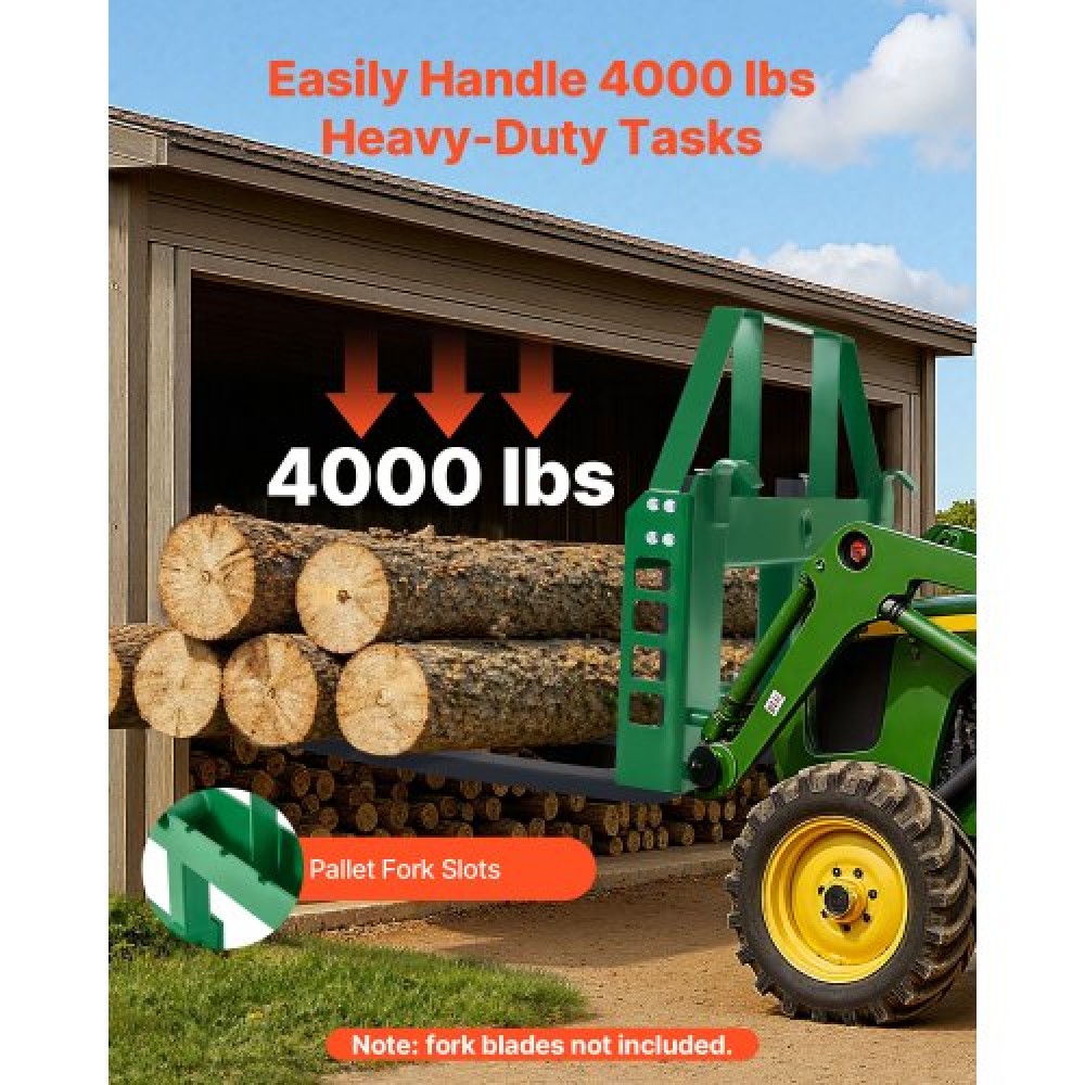 VEVOR Skid Steer Pallet Frame, 1814 kg Rated Load Capacity, 115 cm Pallet Fork Frame Attachments with 50.8 mm Hitch Receiver & Spear Sleeves, Fit for John Deere Loaders Quick Attach Mount, Frame Only