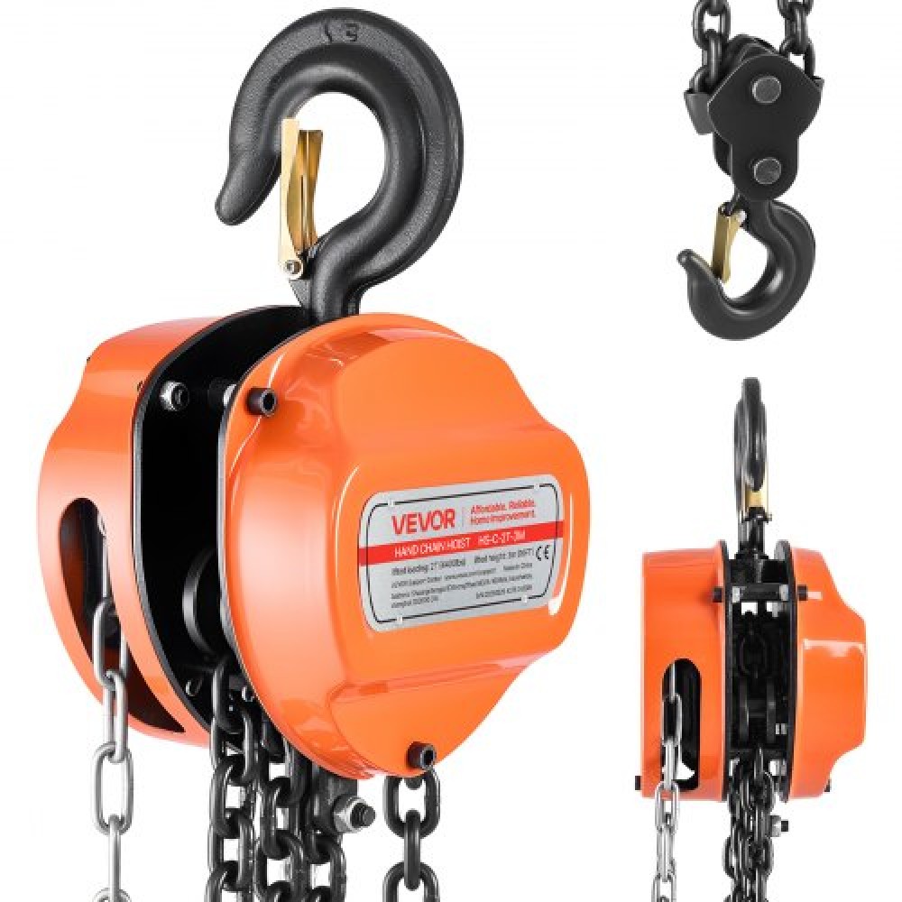 VEVOR Hand Chain Hoist, 2 Ton Capacity, Manual Chain Block with Upgrade G80 Galvanized Chain, 3 m Lifting Height, Heavy Duty Pulley Hoist for Garage Warehouse Automotive Machinery, Orange