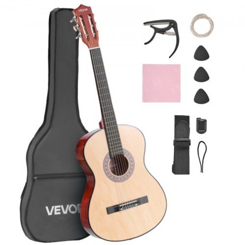 VEVOR Κλασική Κιθάρα, 960 χλστ., Κιτ Ξύλινης Κλασικής Κιθάρας για αρχάριους, με νάιλον χορδές, Gig Bag, Strap, Tuner, Extra strings, Picks, Capo, Basswood, για Εφήβους Ενήλικες Μαθητές, Φυσικό